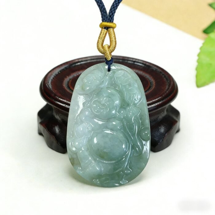 Natural Grade A Jadeite Laughing Buddha Pendant – Hand-Carved Green Feicui Talisman for Joy & Prosperity - Image 4