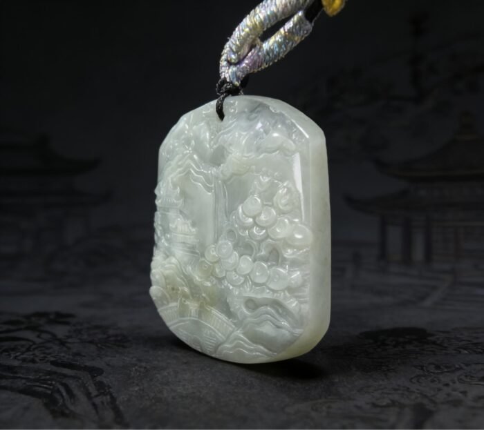 Icy Translucent Jade Landscape Pendant: Hand-Carved Mountain & Water Amulet for Prosperity, Serenity & Career Success - Image 5