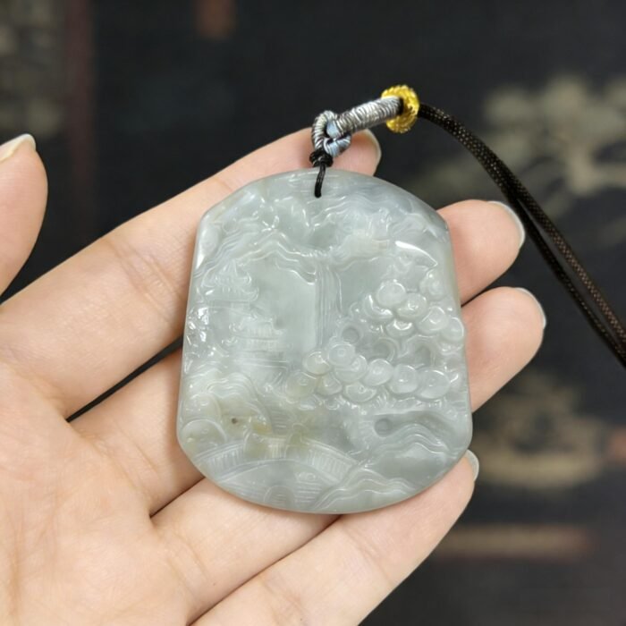 Icy Translucent Jade Landscape Pendant: Hand-Carved Mountain & Water Amulet for Prosperity, Serenity & Career Success - Image 2