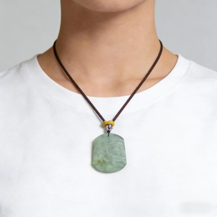 Icy Translucent Jade Landscape Pendant: Hand-Carved Mountain & Water Amulet for Prosperity, Serenity & Career Success - Image 7